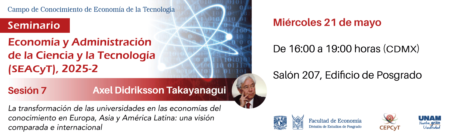 Seminario de Economía y Administración de la Ciencia y la Tecnología (SEACyT), sesión 7, miércoles 21 de mayo, de 16:00 a 19:00 horas